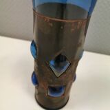 Brutalist style vase with inner blue glass mouth-blown out through the metal "frame".