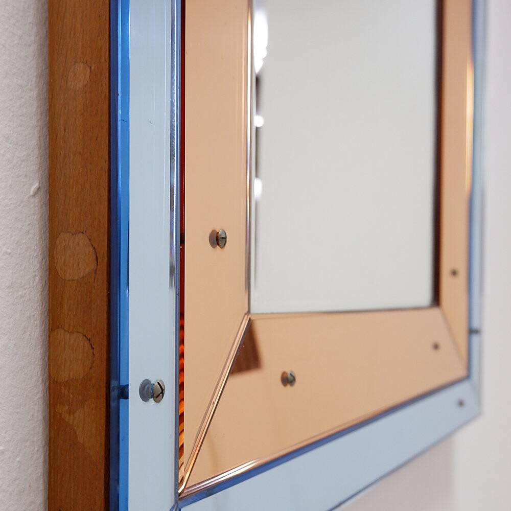 Bevelled wall mirror with blue and copper mirror panels - Italy 1930s