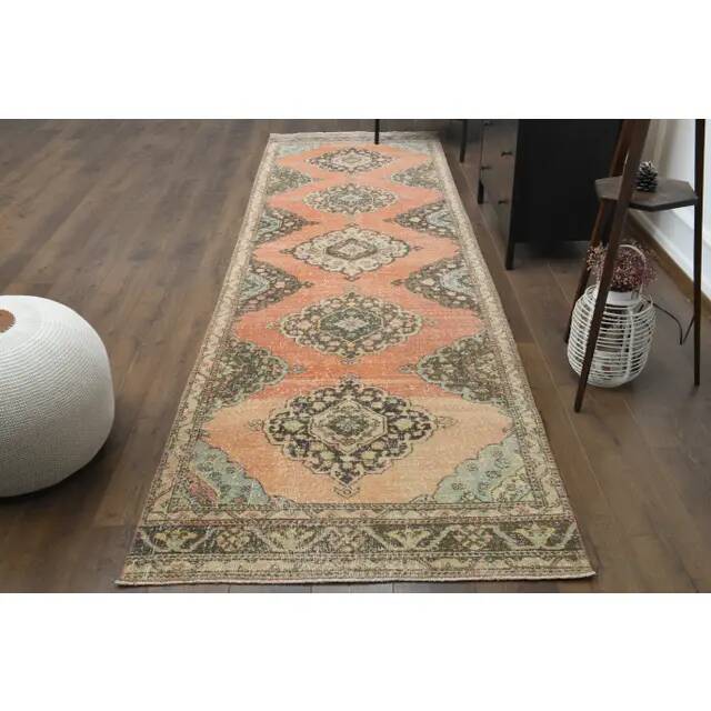 Tapis couloir vintage turc Oushak fait main en laine et coton orange des années 1970 112x402