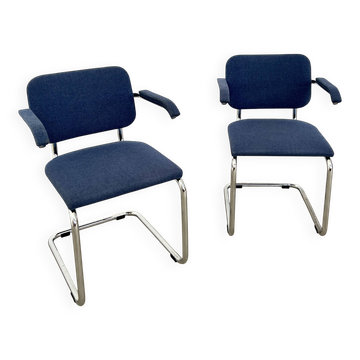 Pair of Marcel Breuer B64 Knoll armchairs in blue fabric.