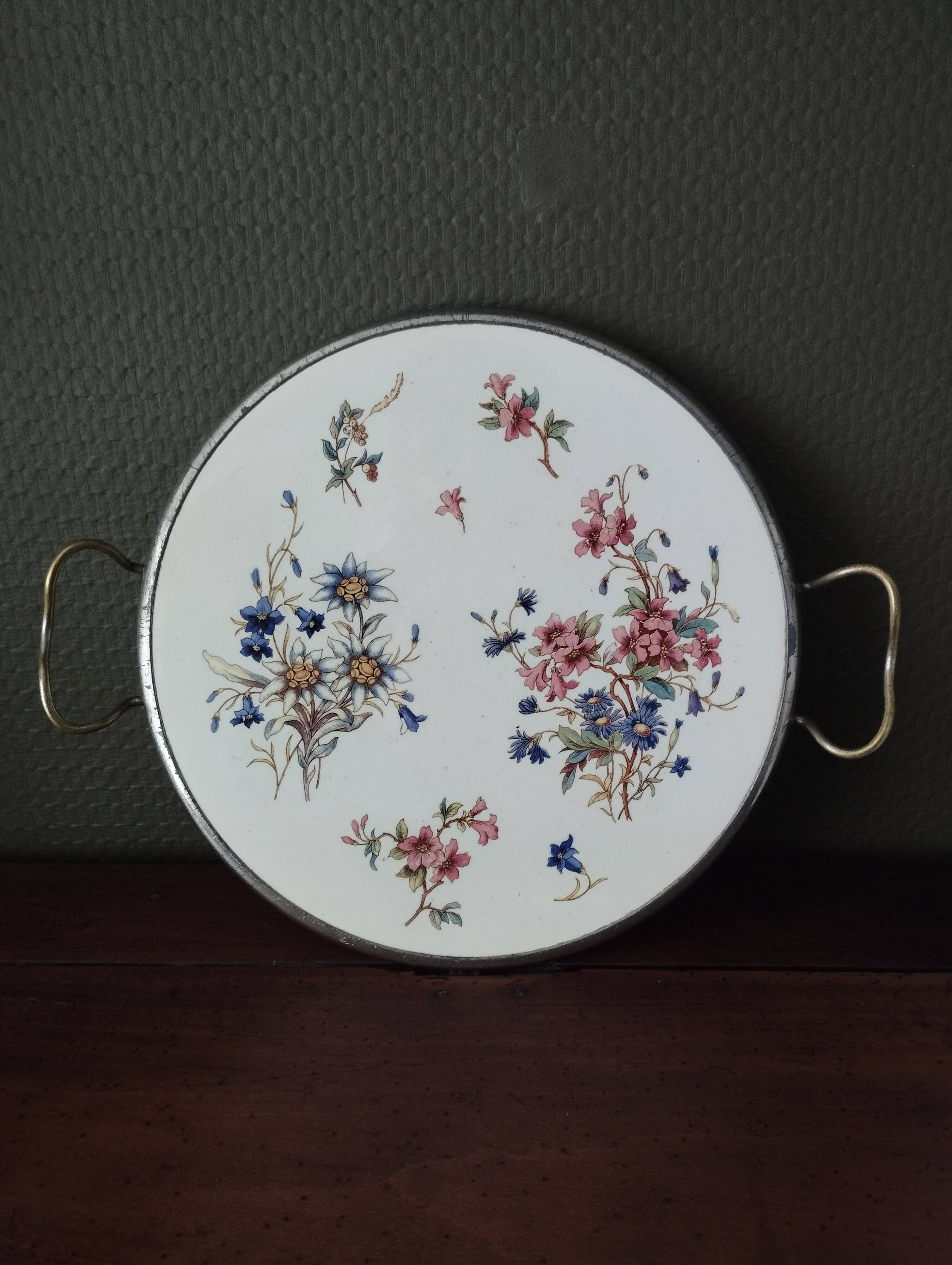 Sarreguemines Digoin “Righi” earthenware tray, metal rim and handles.