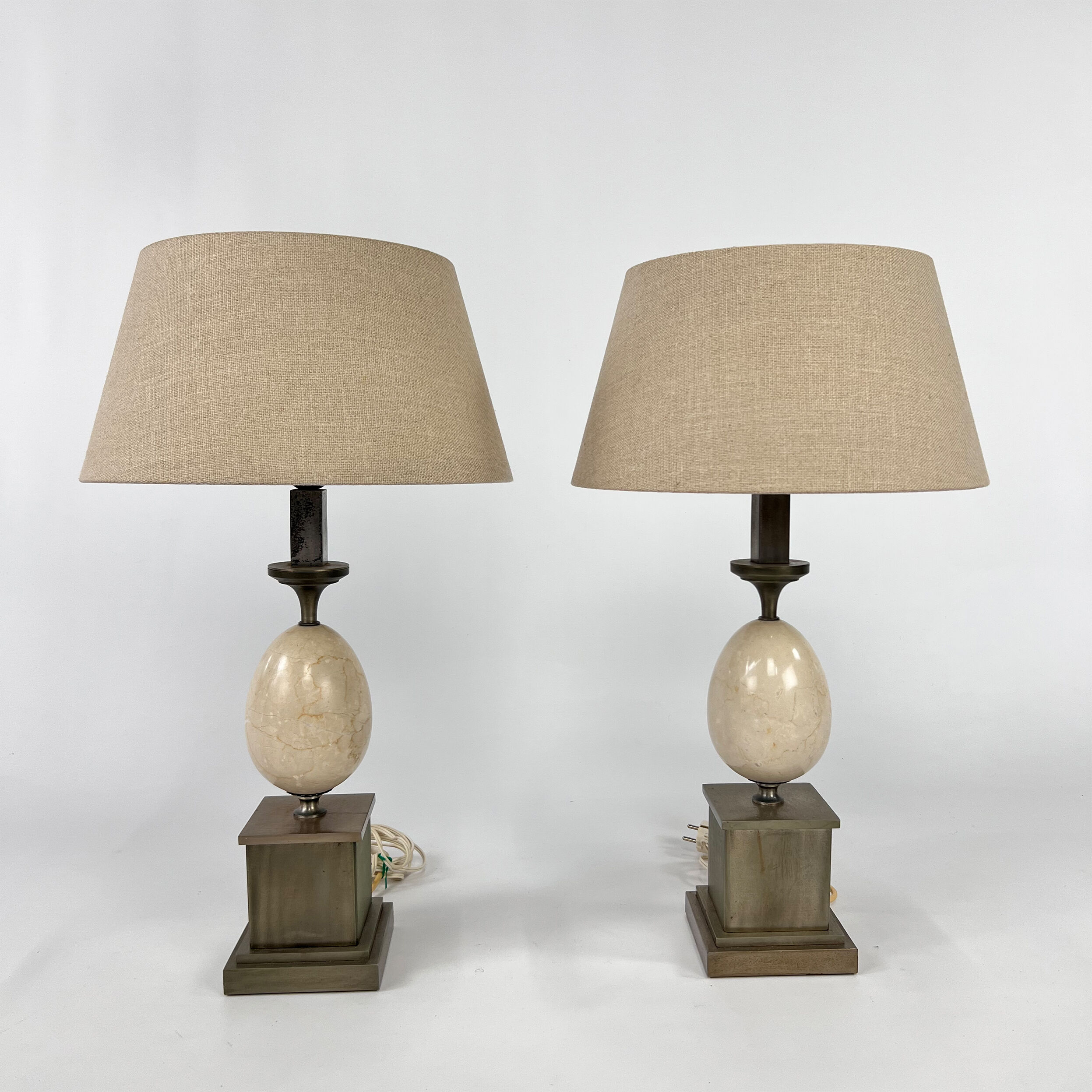 Set of 2 french marble and steel lamps 1970s