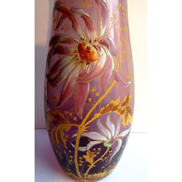 Art nouveau Legras vase, parma purple enamel glass, dahlia and herbs |  Selency