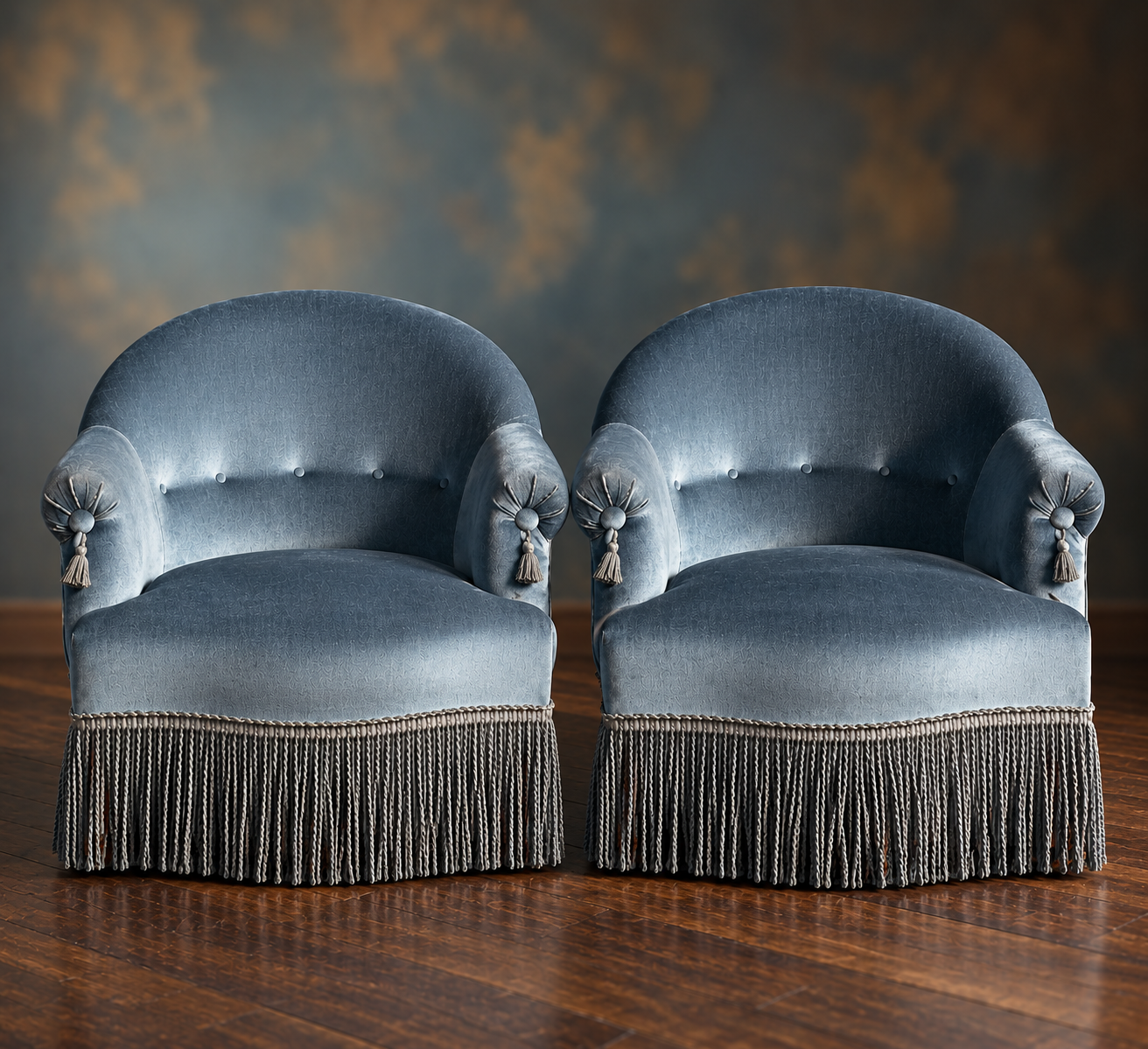 Pair of vintage blue velvet tub chairs