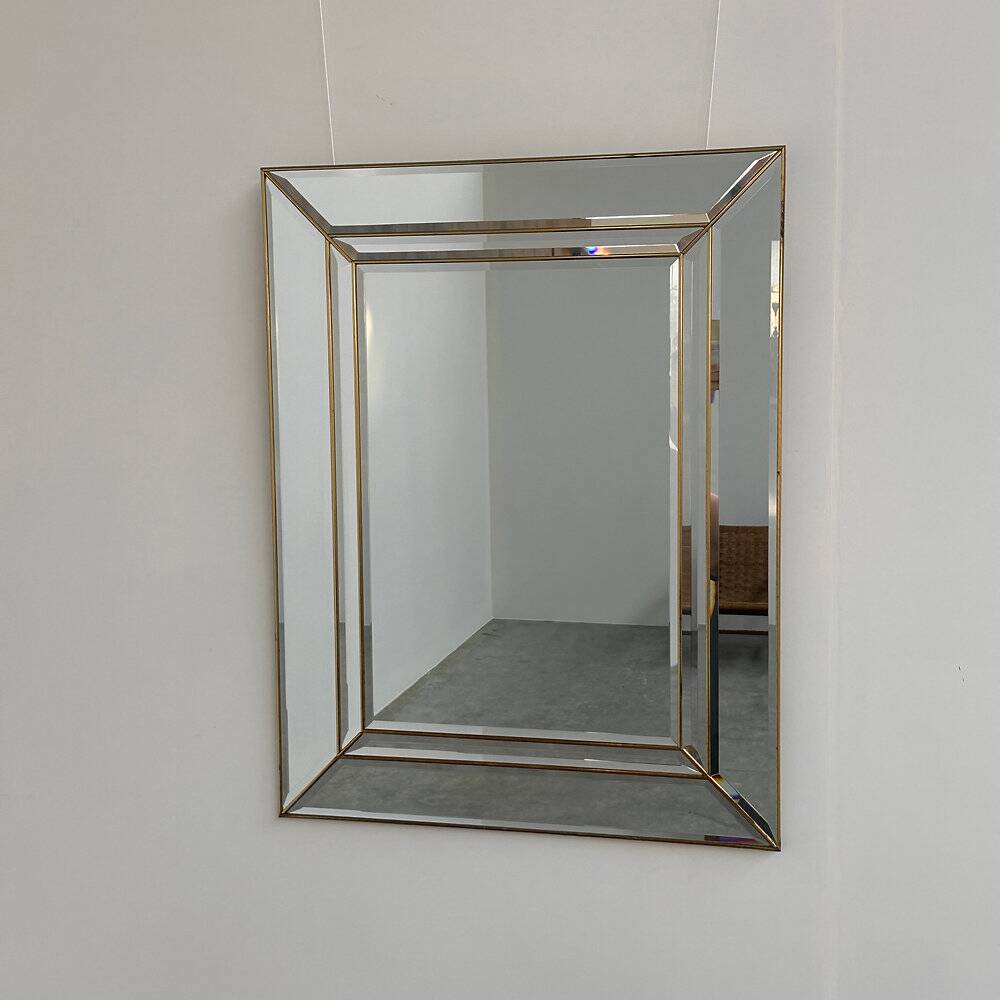 Vintage brass beveled wall mirror, large Hollywood Regency mirror, Mid-Century Modern