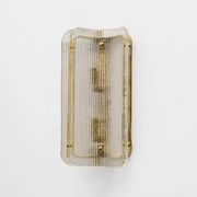 Pair of Curved Clear Ribbed Murano Glass and Brass Wall Sconces