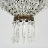 Old large 3-light hot air balloon chandelier in bronze, glass pendants.