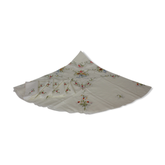 Nappe ronde brodée de fleurs colorées avec 8 serviettes