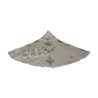 Round tablecloth embroidered colored flowers with 8 napkins