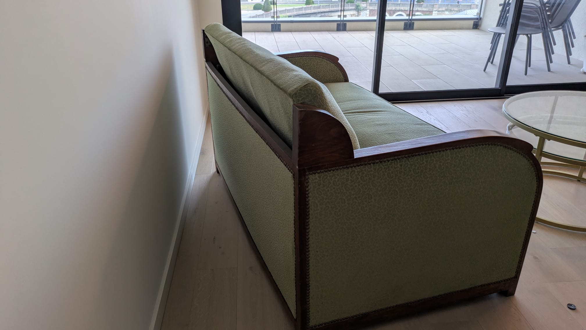 2-seater Art Deco sofa — Wooden frame, sage green fabric