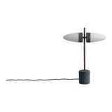 Table lamp in oxidized metal and opaline glass, contemporary work.