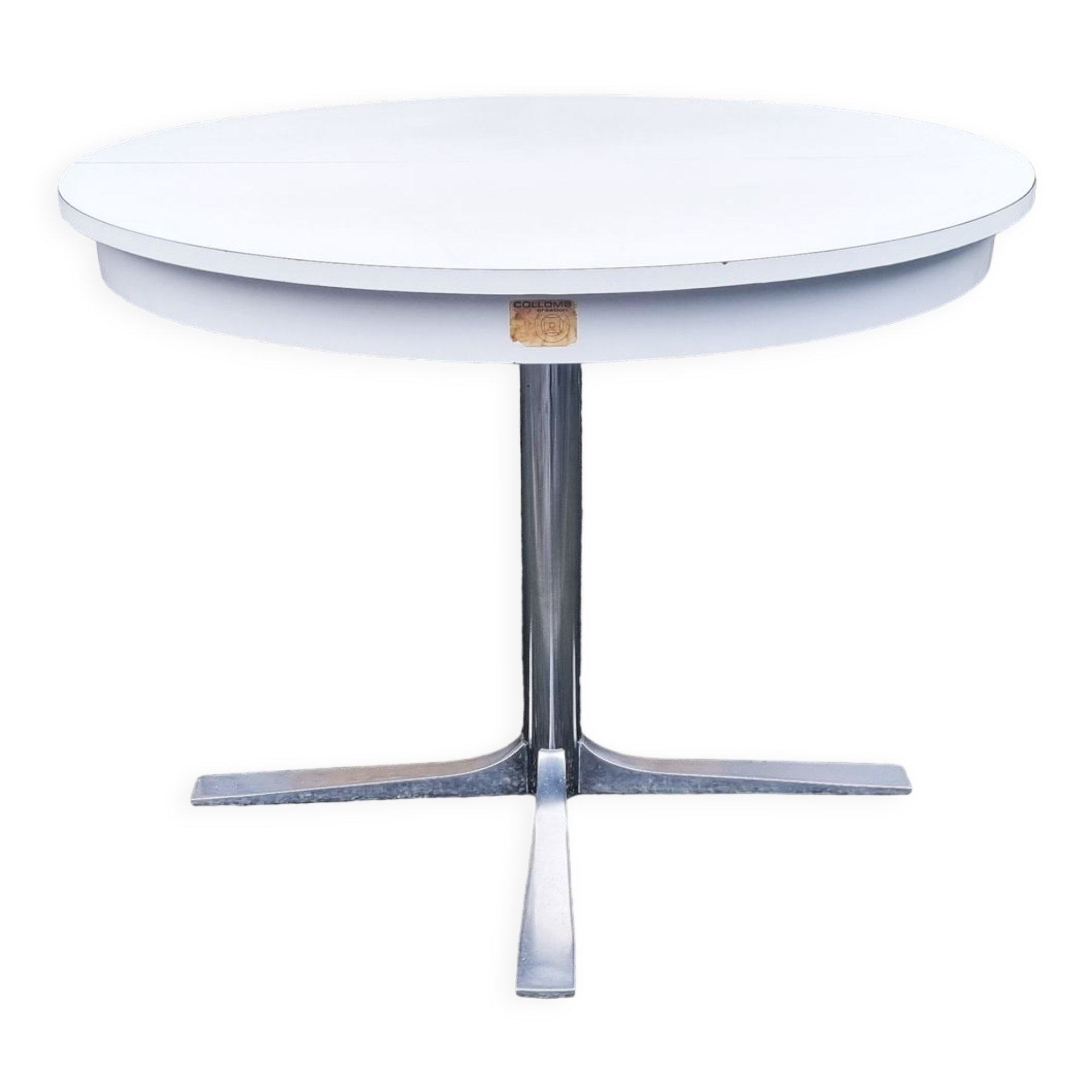 Round table in white formica, retractable, vintage, Collomb creation, 70s