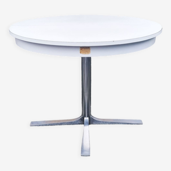 Table ronde en formica blanche escamotable vintage, Collomb création, années 70