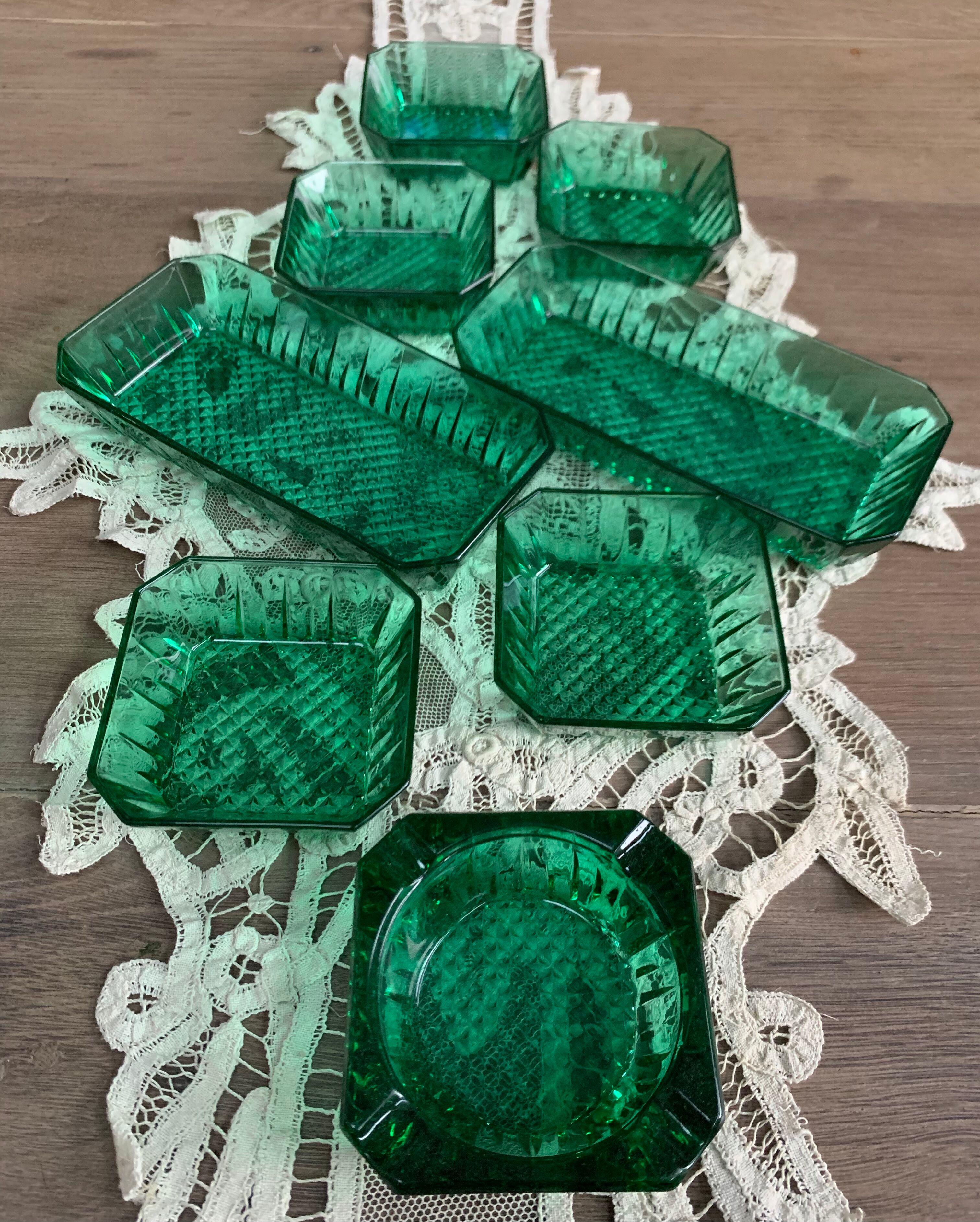 Arcoroc ramekins set - vintage ashtray cut emerald green diamond glass