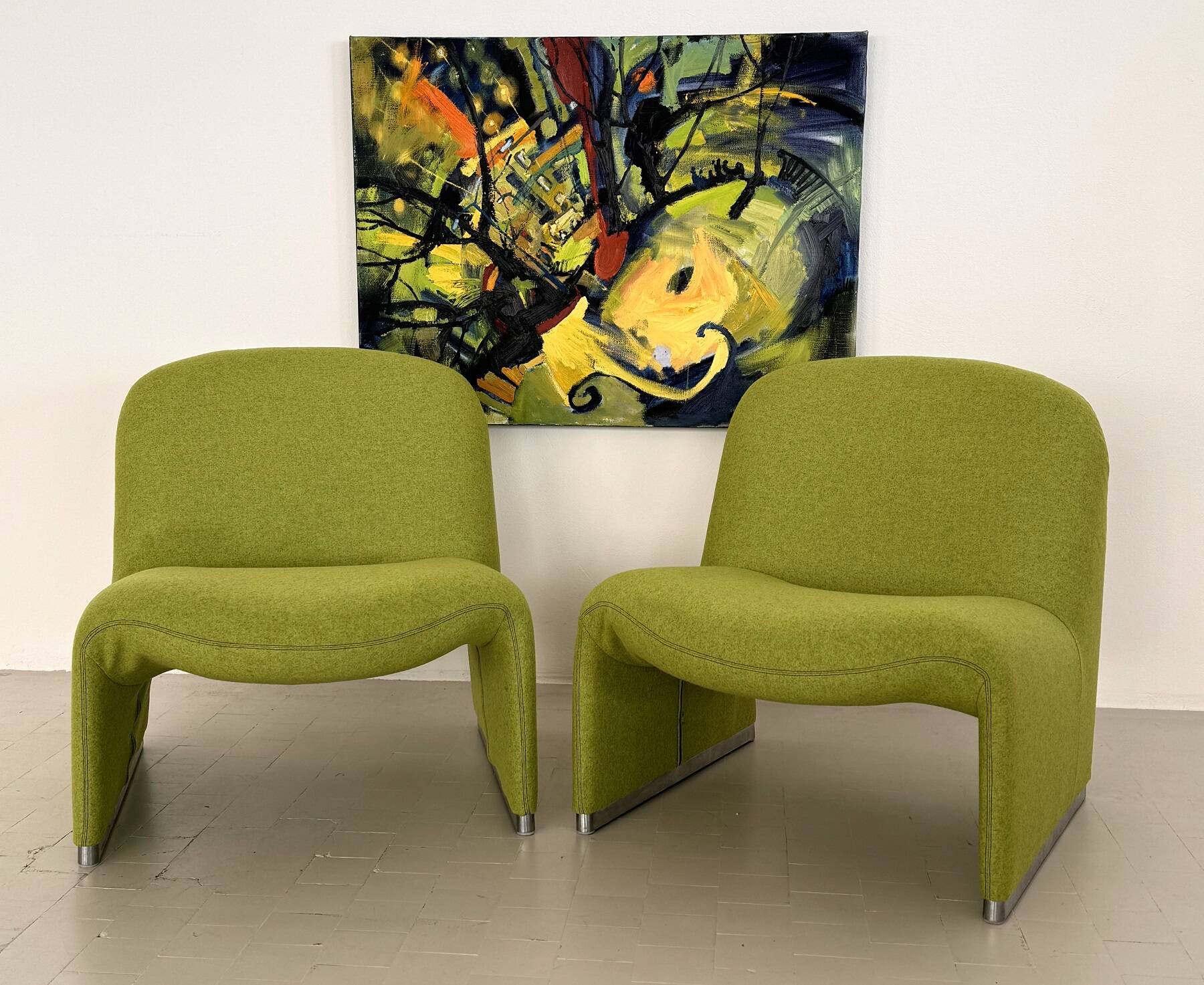 Giancarlo Piretti Alky Lounge Chairs in New Green Fabric, Set of 2