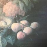 Bouquet of flowers and fruits on table, composition on canvas 100x120