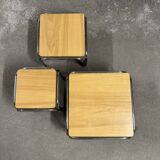 Set of 4 70s nesting coffee tables in metal and solid oak