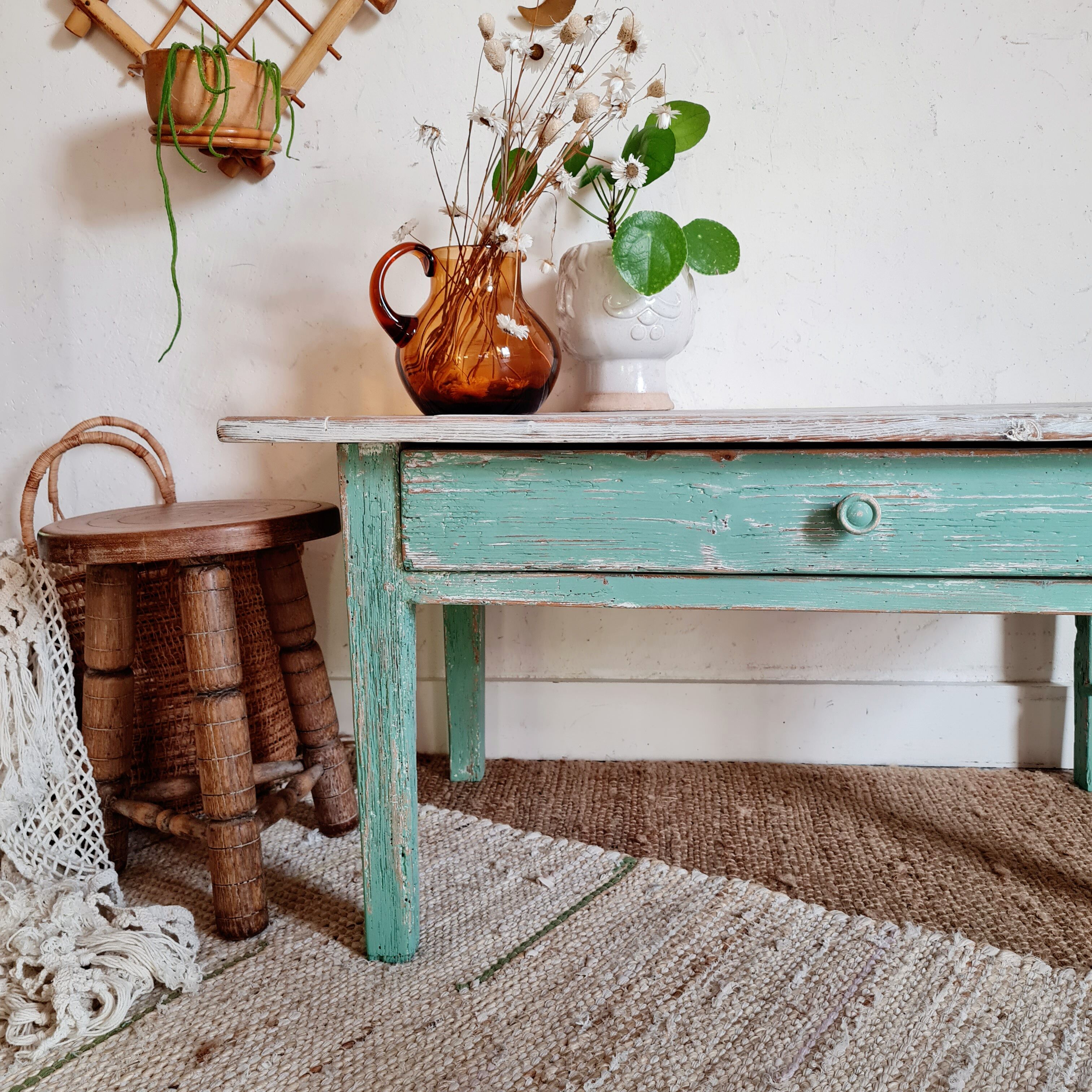 Table basse de ferme en bois piétement vert