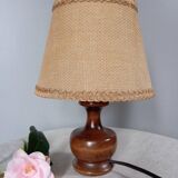 Dark stained turned wood table lamp, camel jute lampshade 1960