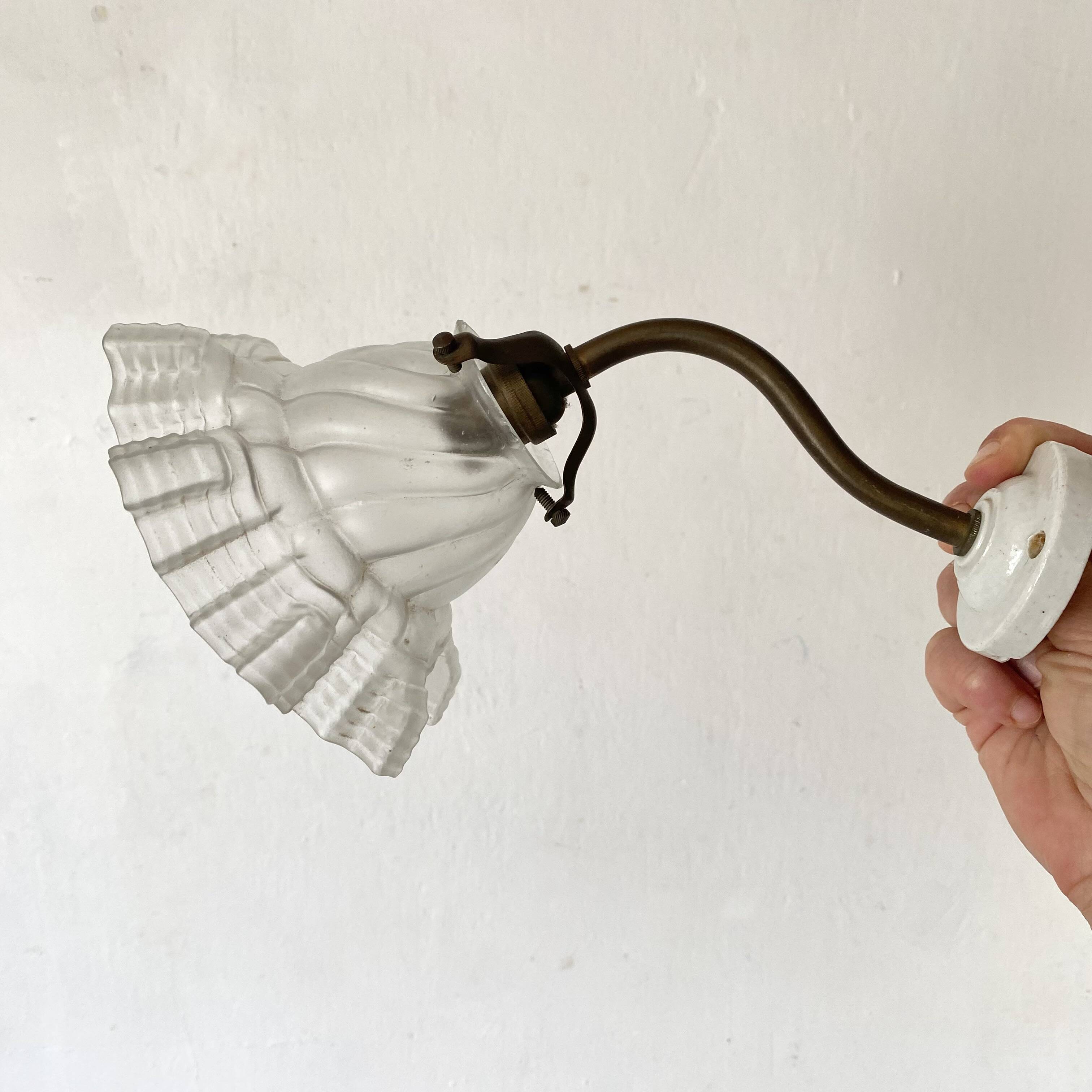 Antique swan neck wall lamp with frosted glass and porcelain