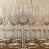 Set of 9 tall twisted and engraved crystal wine glasses