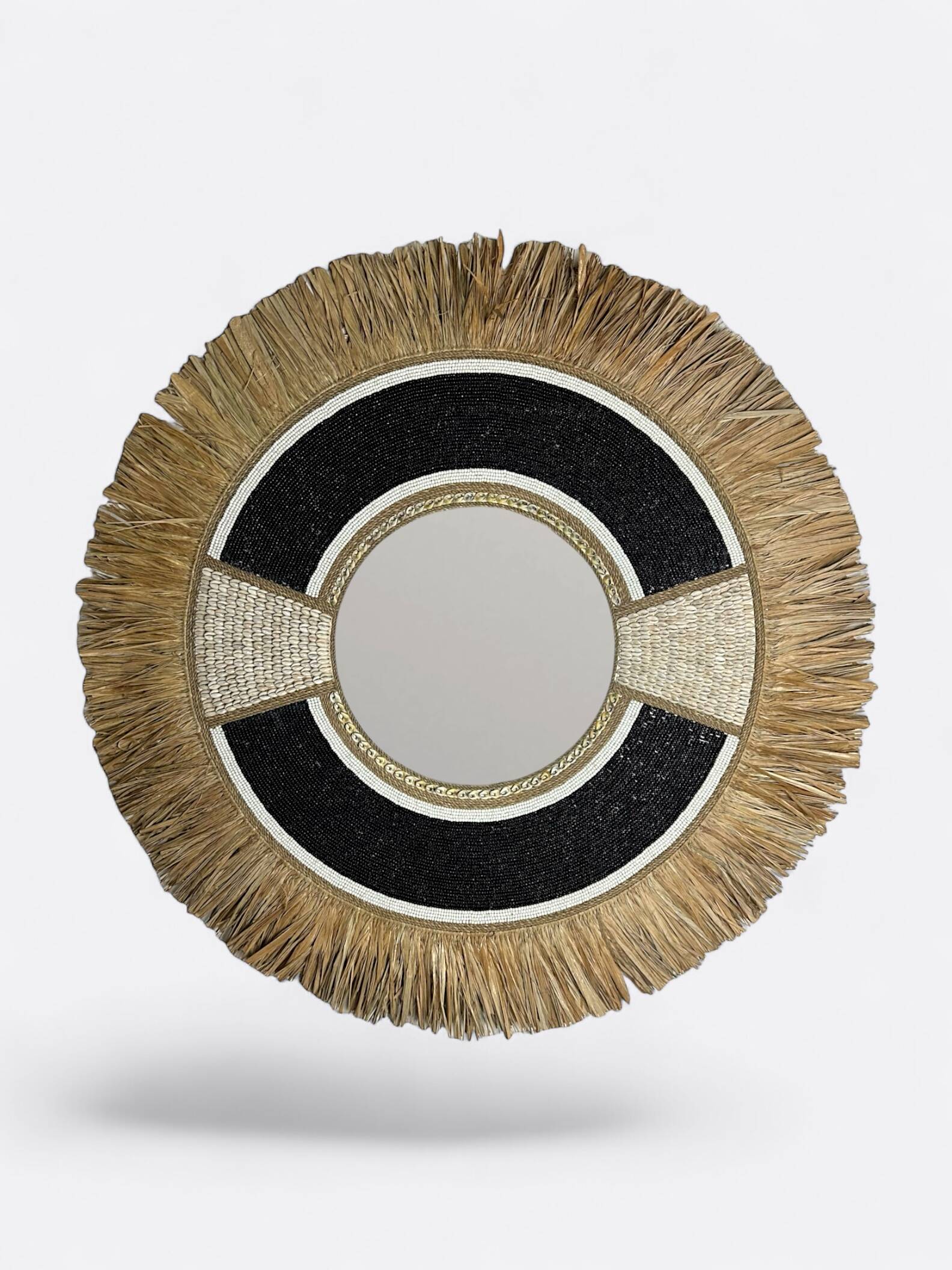 Miroir noir en raphia & plume