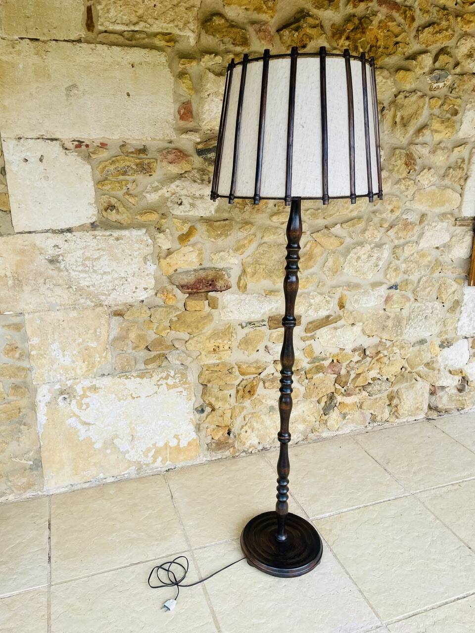 Vintage Floor Lamp Turned Wood, Bamboo Rattan Circa 1950s
