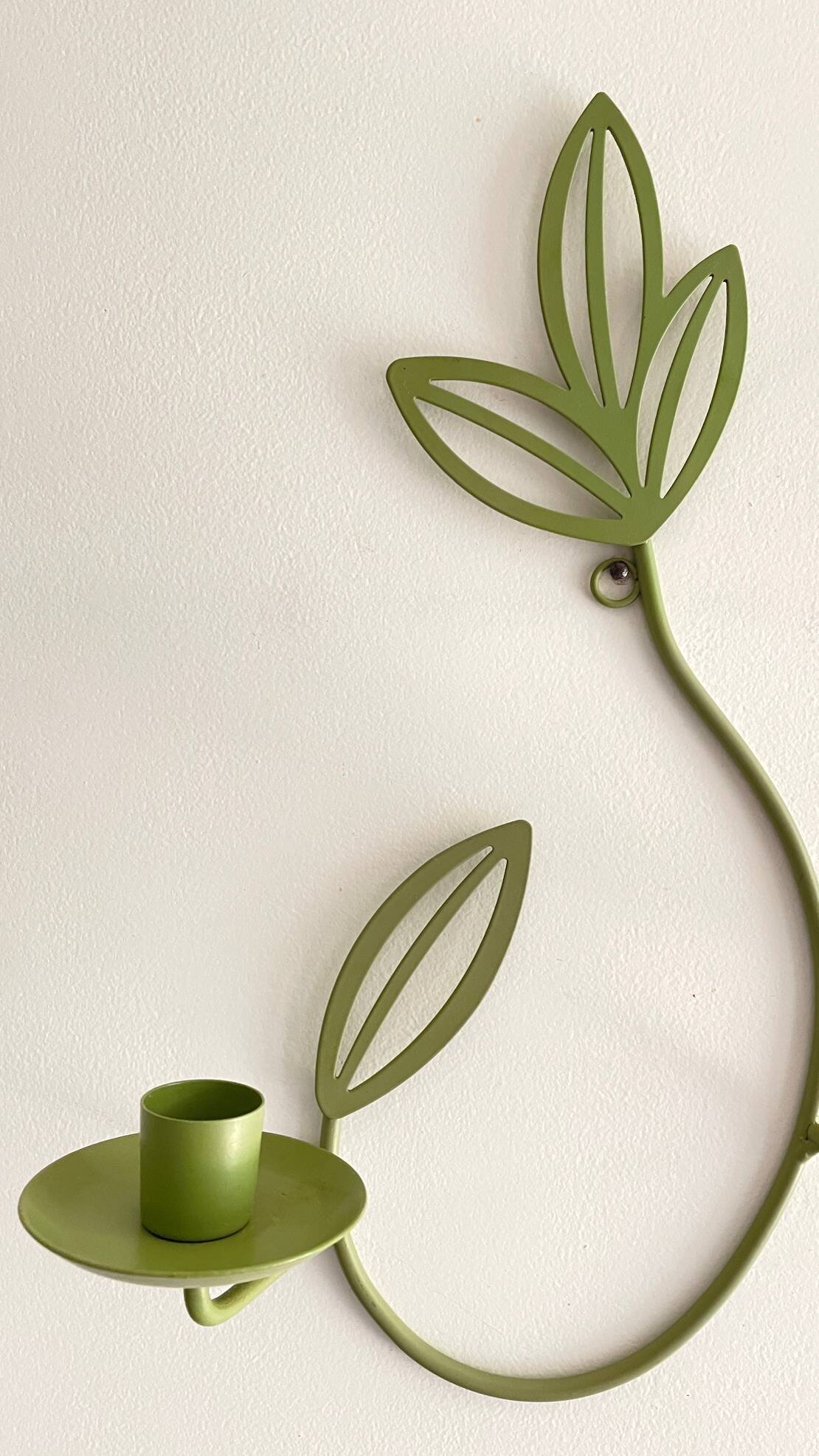 Wall Candle Holder, Green Metal Leaves
