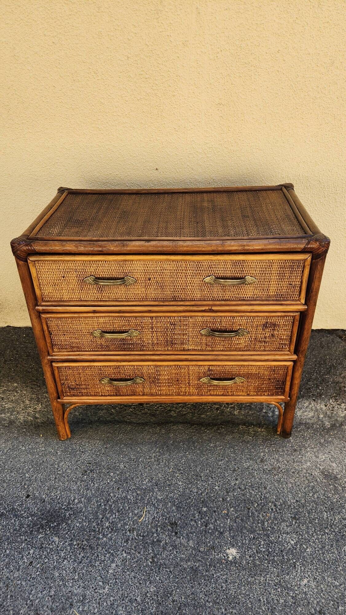 Commode vintage en rotin et osier tressé – 3 tiroirs / Style Boho & Chabby