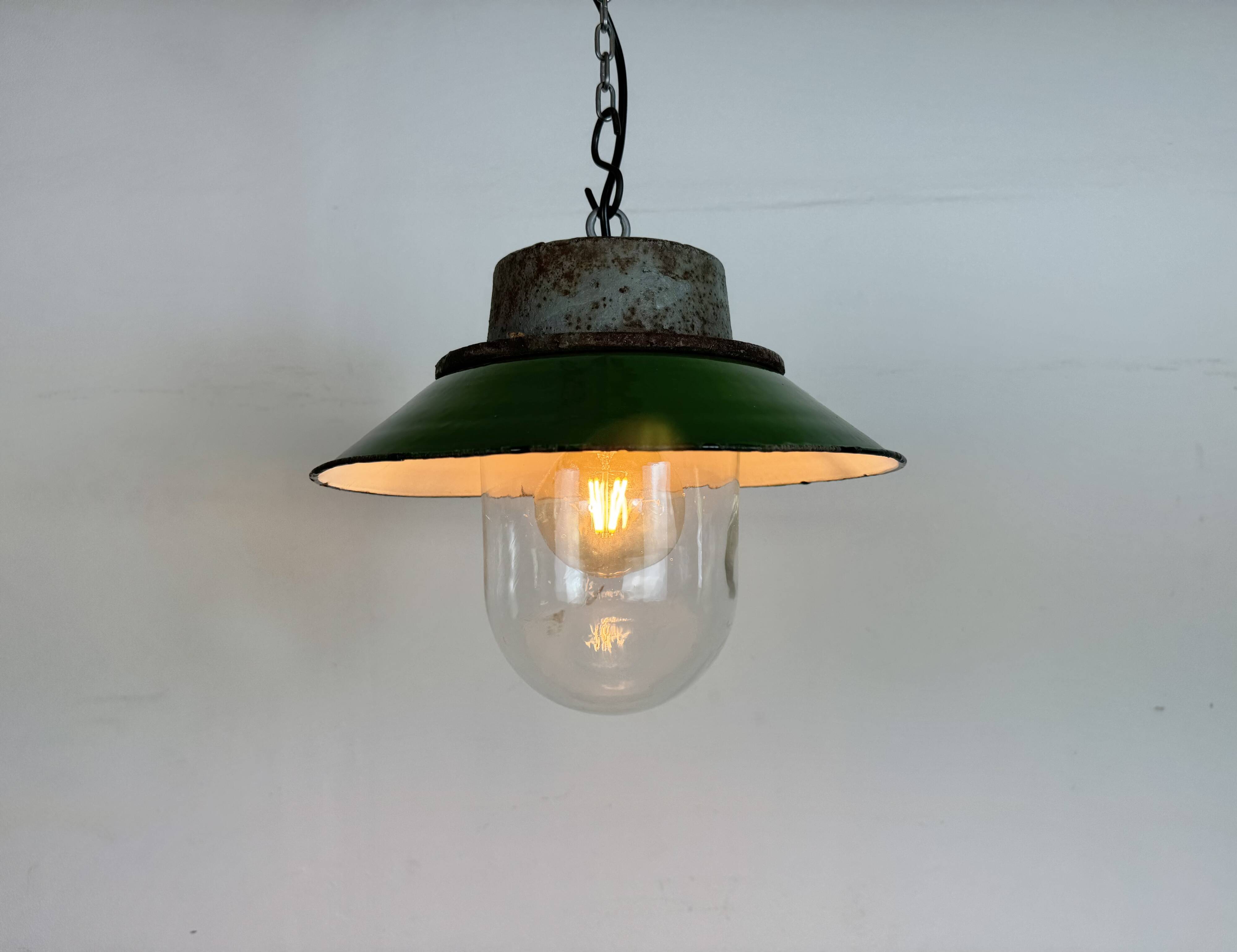 Green Enamel and Cast Iron Industrial Pendant Light, 1960s