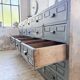 Patinated blue workshop furniture with XL drawers in oak and beech.