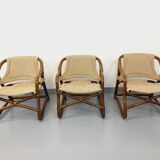 Suite de 3 fauteuils danois vintage esprit safari de Horsnæs Møbelfabrik en rotin et tissu des année