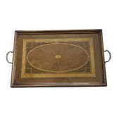 Large vintage tray, wood marquetry under glass