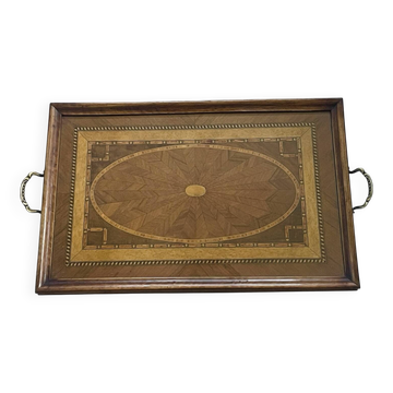 Large vintage tray, wood marquetry under glass