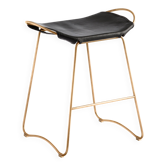 Tabouret de bar de cuisine organique contemporain en métal laiton et cuir noir