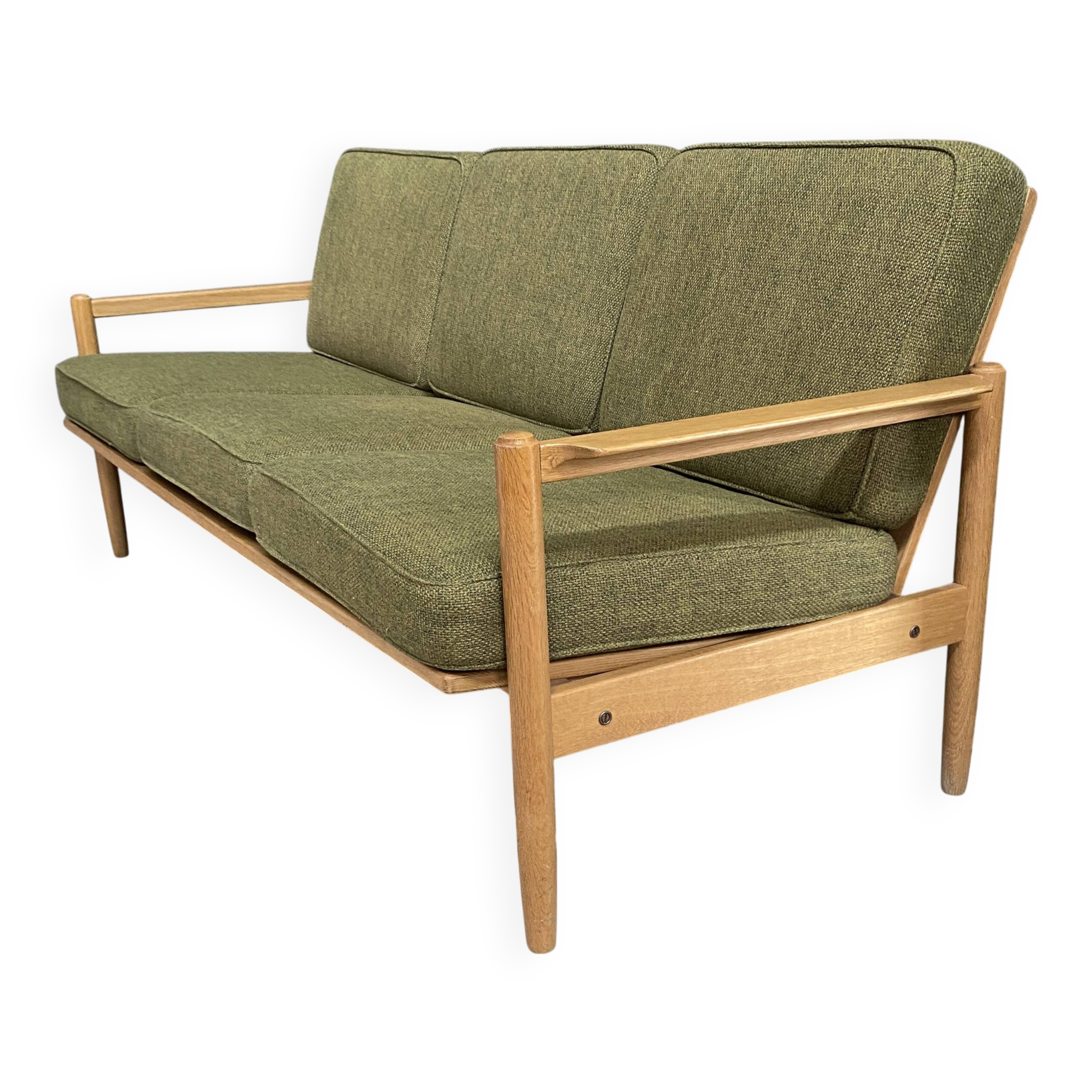 canapé 3 places en tissu vert et bois années 1960