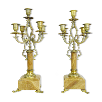 Pair of candelabra with 5 bronze branches and marble Napoleon III style. 19th