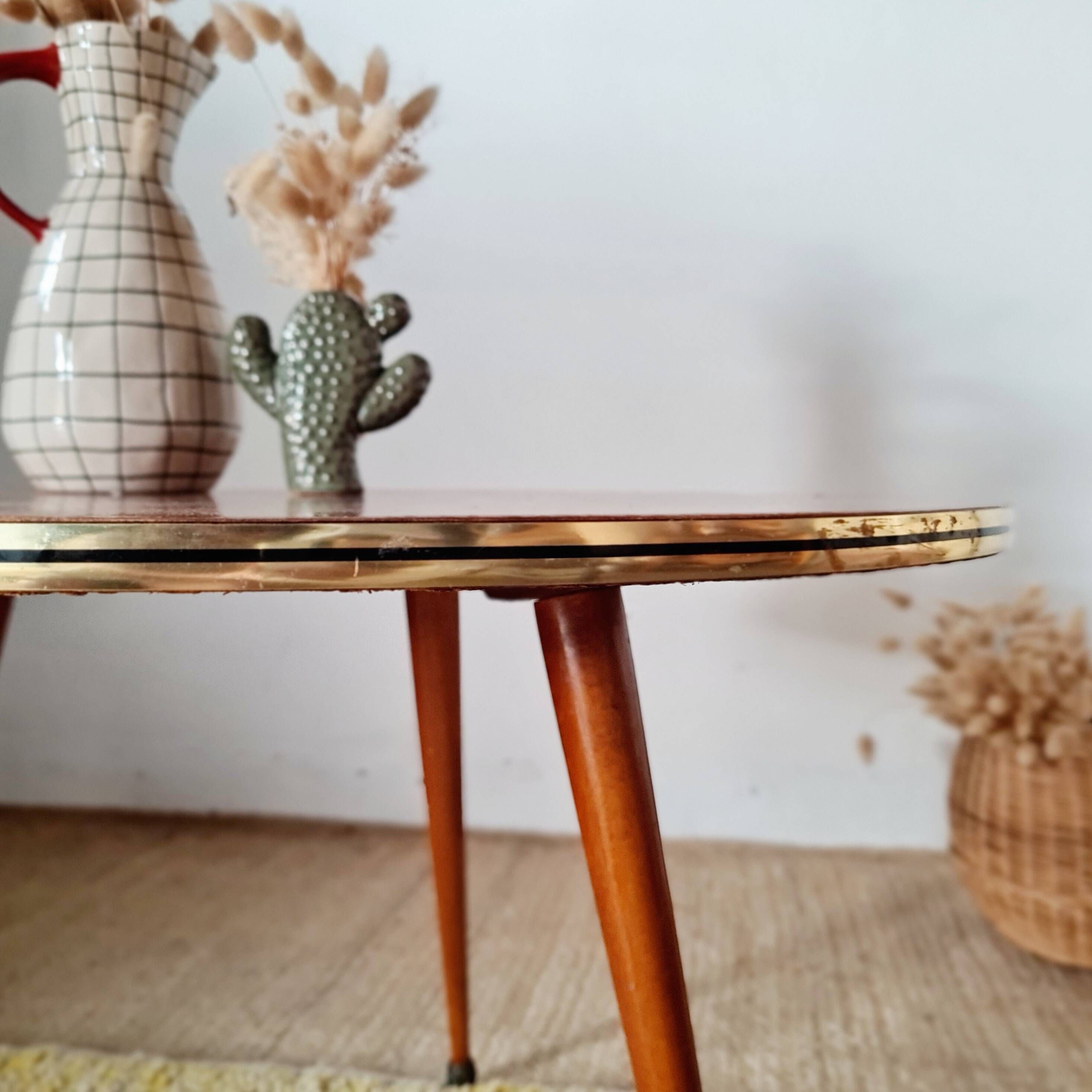 Vintage tripod side table, marquetry diamond-pattern top.