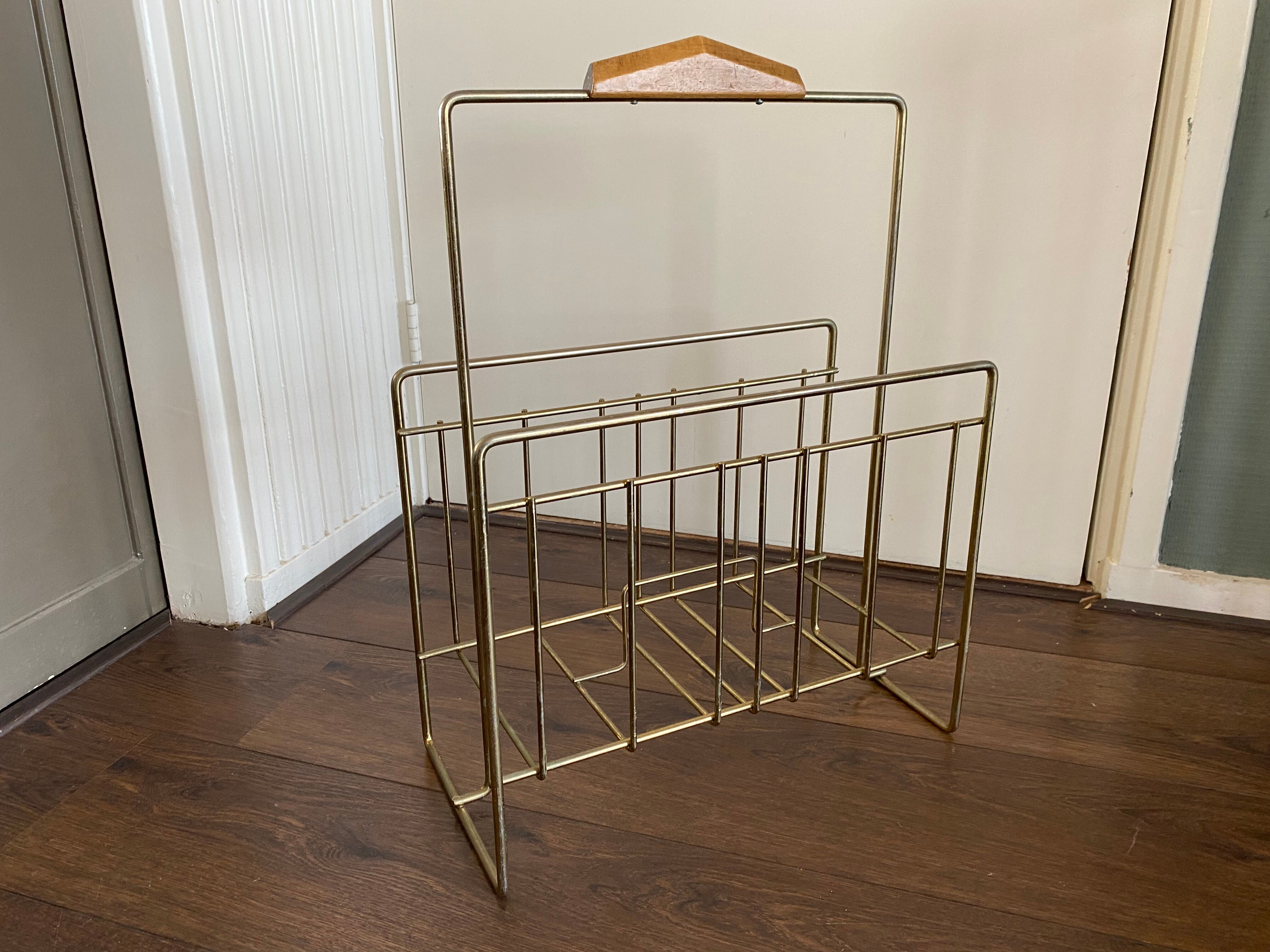Vintage Magazine Rack in Brass and Wood, 1960s