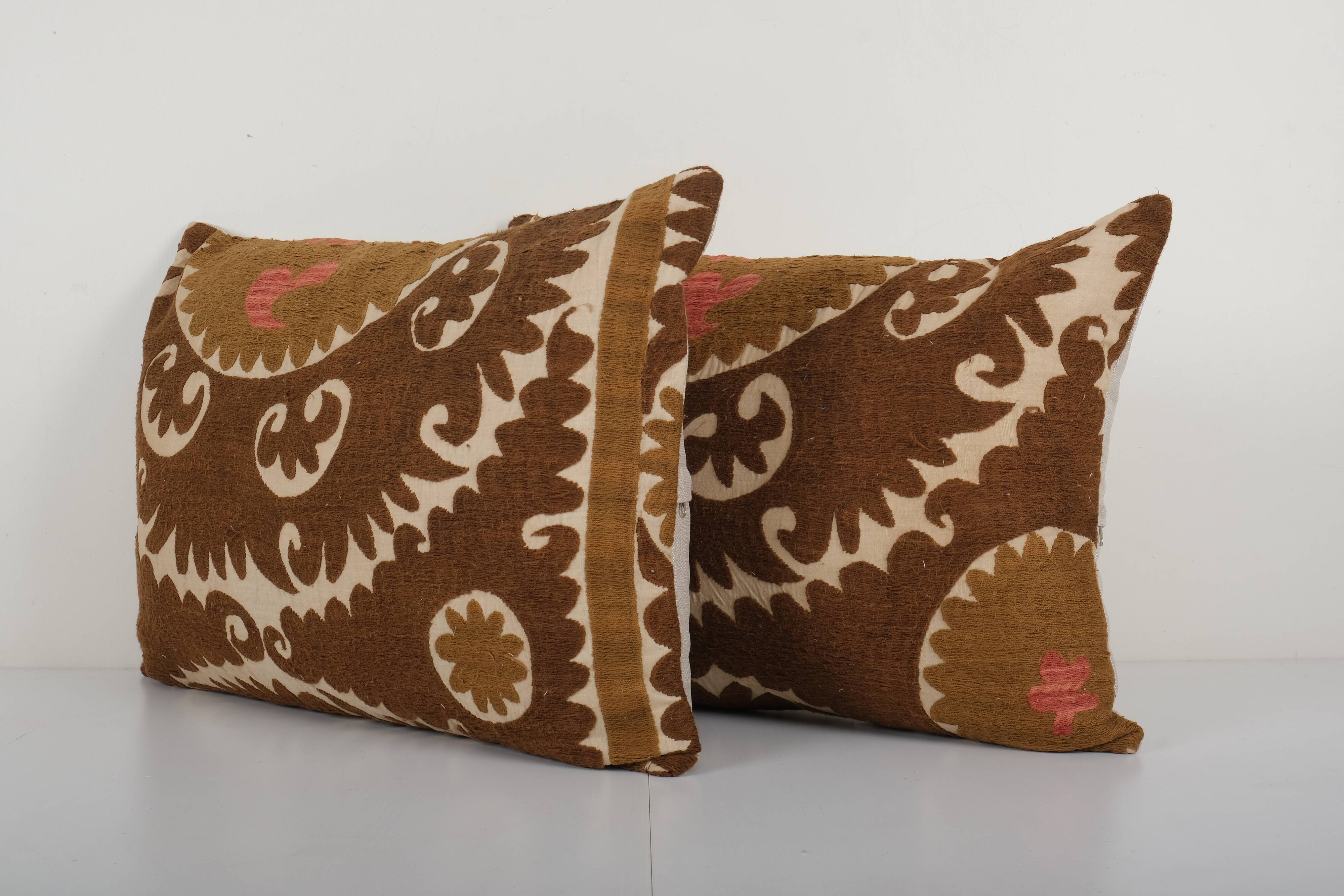 Uzbek faded brown suzani cushion cover, set of two suzani pillow case made from a 19th century suzan