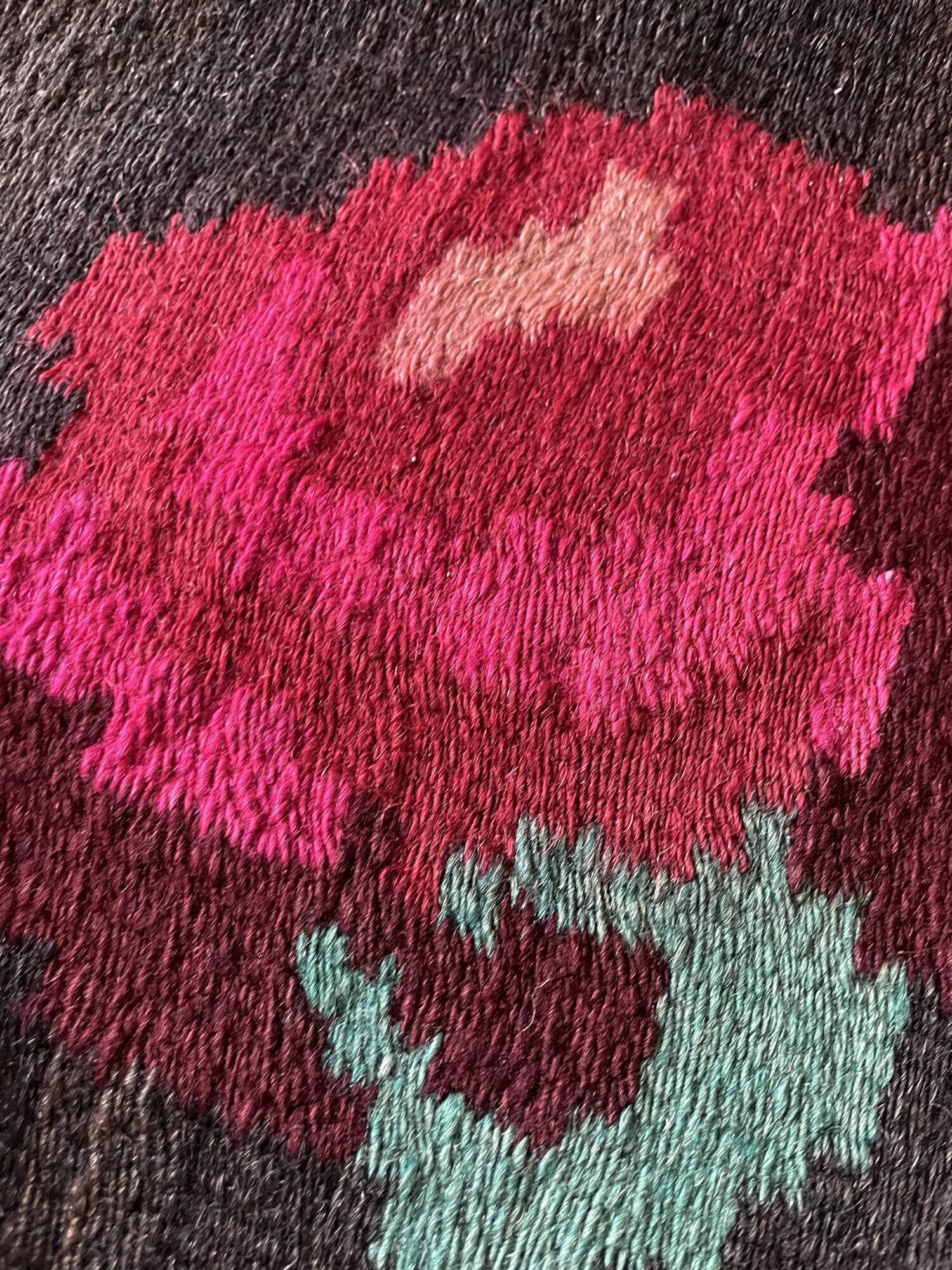 Very Old Romanian floral handwoven carpet made in wool, bohemian design