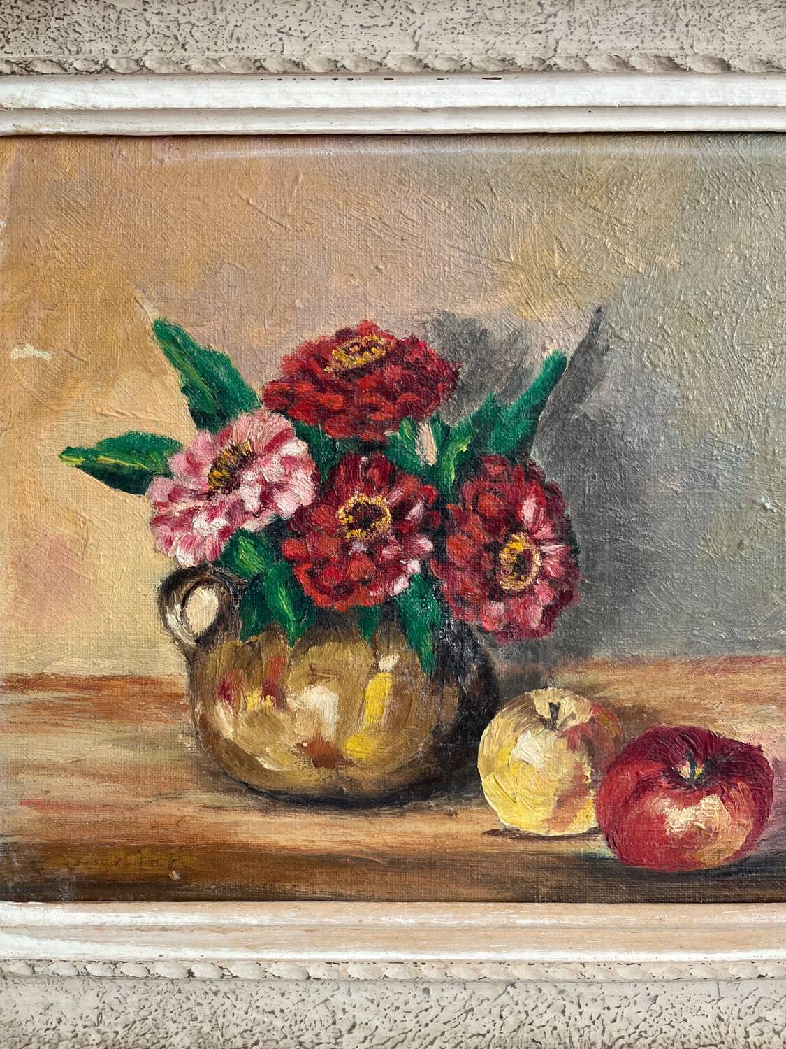 Antique oil painting on canvas with flowers and apples