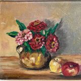 Old oil painting on canvas flowers apples