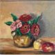Antique oil painting on canvas with flowers and apples