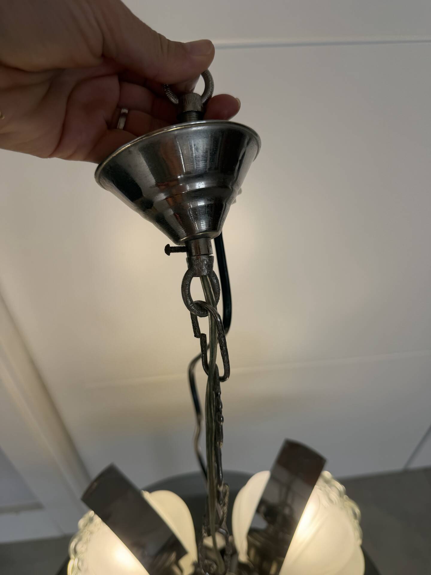 Vintage chandelier with 4 glass bubble globes and silvered metal.