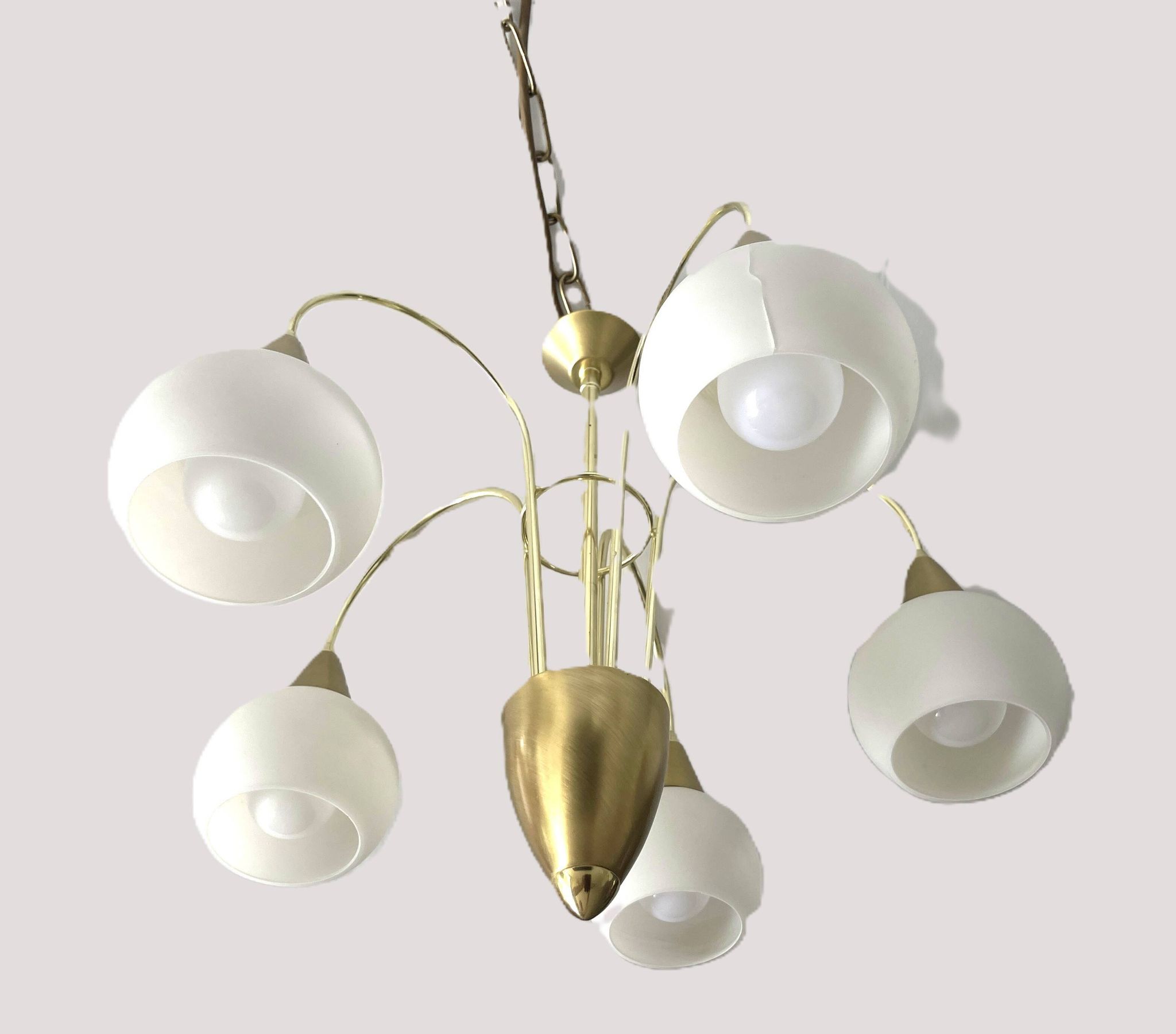 Mid Century Suspension, 5 globes in brass and opal glass, Honsel Leuchten