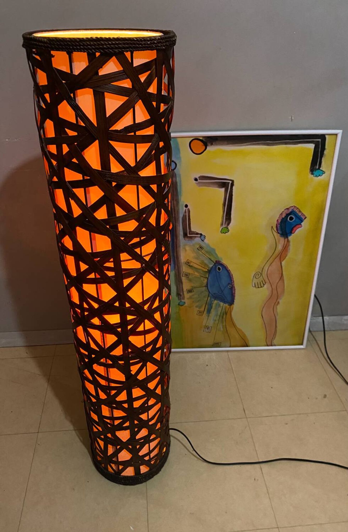 Lampadaire en rotin bambou vintage