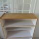 Vintage oak veneer bookcase, pearl gray interior, metal legs