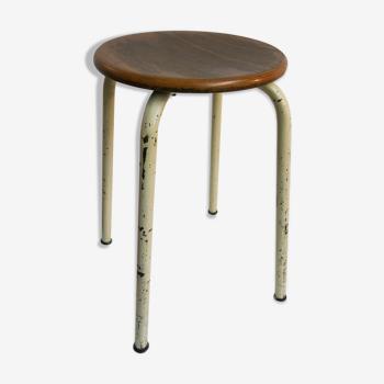 Vintage industrial stool in raw wood and metal