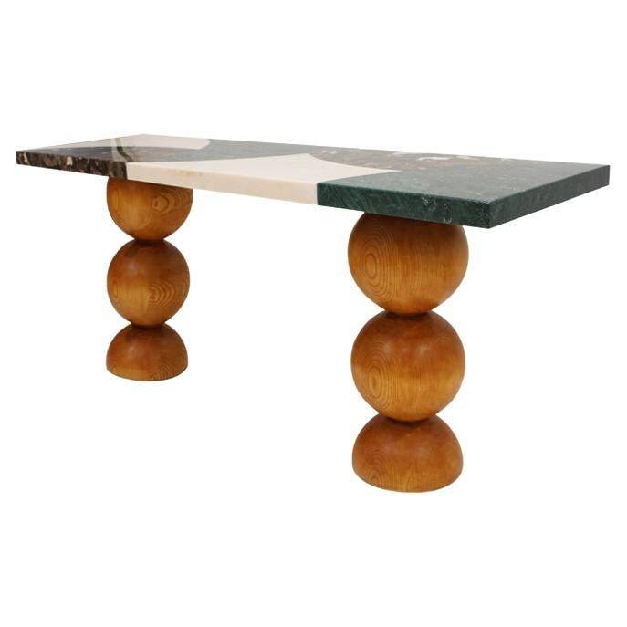 Italian Contemporary Marquetry Marble and Wood Legs Console Table by L.A. Studio
